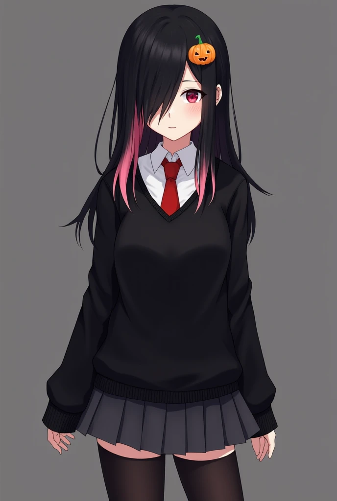 Serious-looking anime. 

An attractive young woman who APPEARS TO BE EMO, of black hair with the tips of her hair dyed pink with half a face covered with her hair and a pumpkin brooch in her hair and ruby eyes, pole, and dominant wearing a school uniform a...