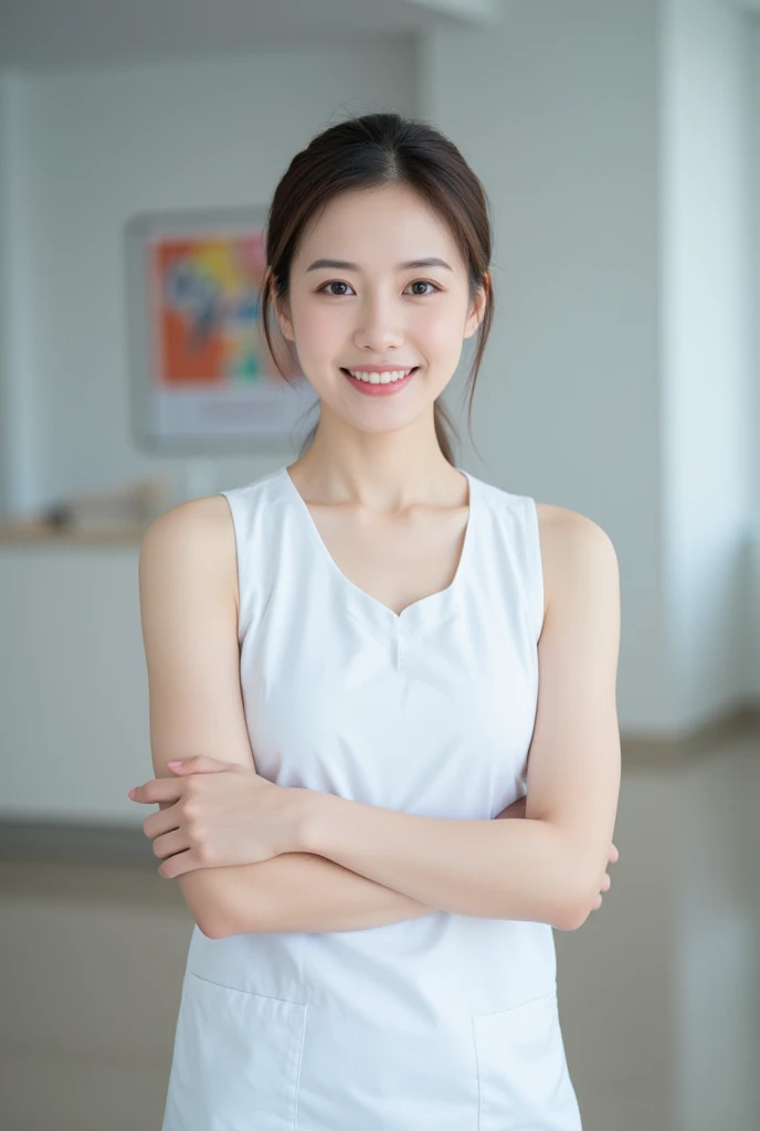 athletic beautiful mid 30s thai female nurse wearing sleeveless scrubs in clinic. thick muscular upper arms. smiling. photograph
