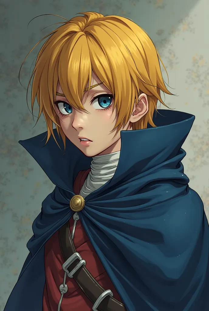 An adult boy with mustard yellow hair, dark blue eyes almost navy, Rebellious straight hair, melon-colored skin a little dark, deep circles under the eyes, Serious, bandages around the neck , Dark blue cape like a thief with a mature aura and would be with...