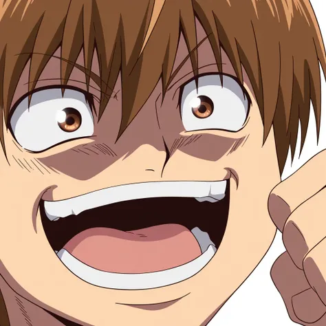 1boy,male focus,solo,smile,brown hair,grin,brown eyes,anime coloring,parody,open mouth,white background,