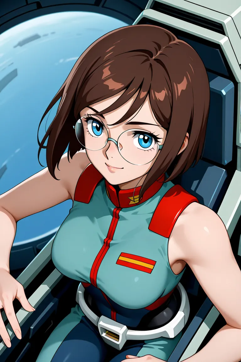 Dark Brown Hair　 blue eyes　　anime　comics　　　One person　perfect fingers　Perfect Anatomy　　　 　bob hair　　　　　Patsun　　smile　　　SMALLE BREASTS   　　Glasses　　　　 girl　　　Overlooking　high angle　　　　　　　 cockpit　　pilot　Gundam style　　　