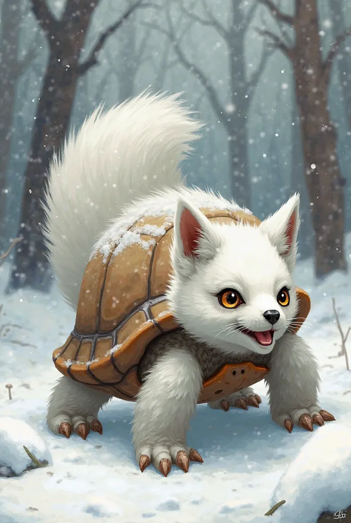 Of course! Here's a prompt 
"Create a digital illustration that shows fusion between an arctic fox and a Terrestrial turtle. The creature must have the following features:

- The main body should be similar to that of a land turtle, with a protective shell...