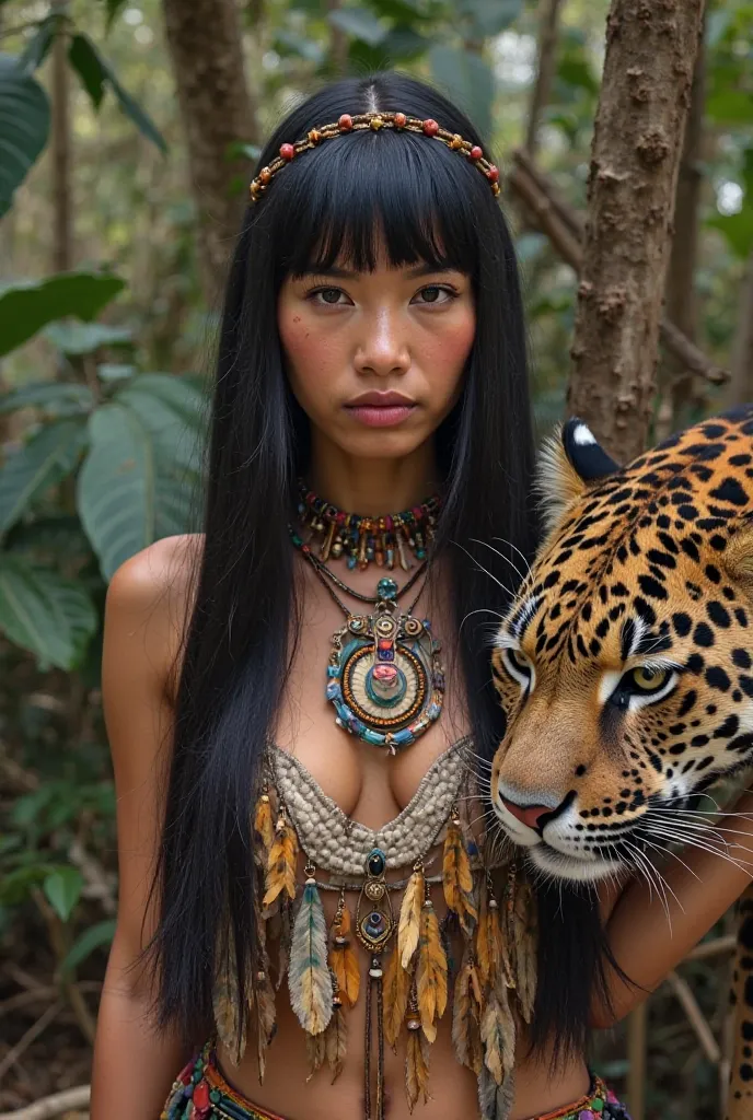 Indigenous woman with straight hair, and bangs up to her forehead, ,Exhibits paintings on long skin. her breasts covered by her hair and wears a feather skirt and handmade accessories, next to a jaguar painted in the forest.