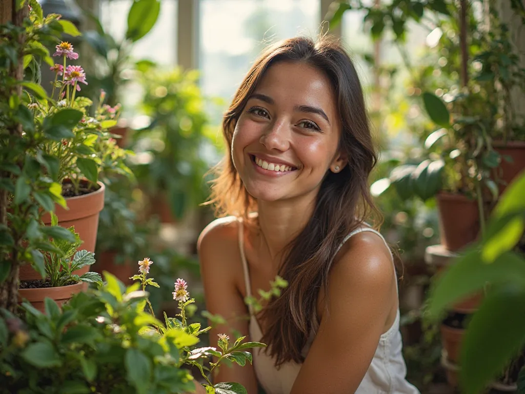 Realistic photography of smiling woman on floral indoo with flower potts, green leafy plants 