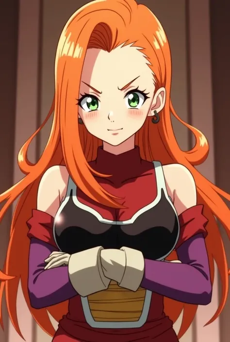 Screenshot Dragon ball z. 20 year old girl with long straight orange hair, Green eyes with long eyelashes, smiling confidently. front view, full body view. high definition. anime style. Dragon Ball Z style animation. 