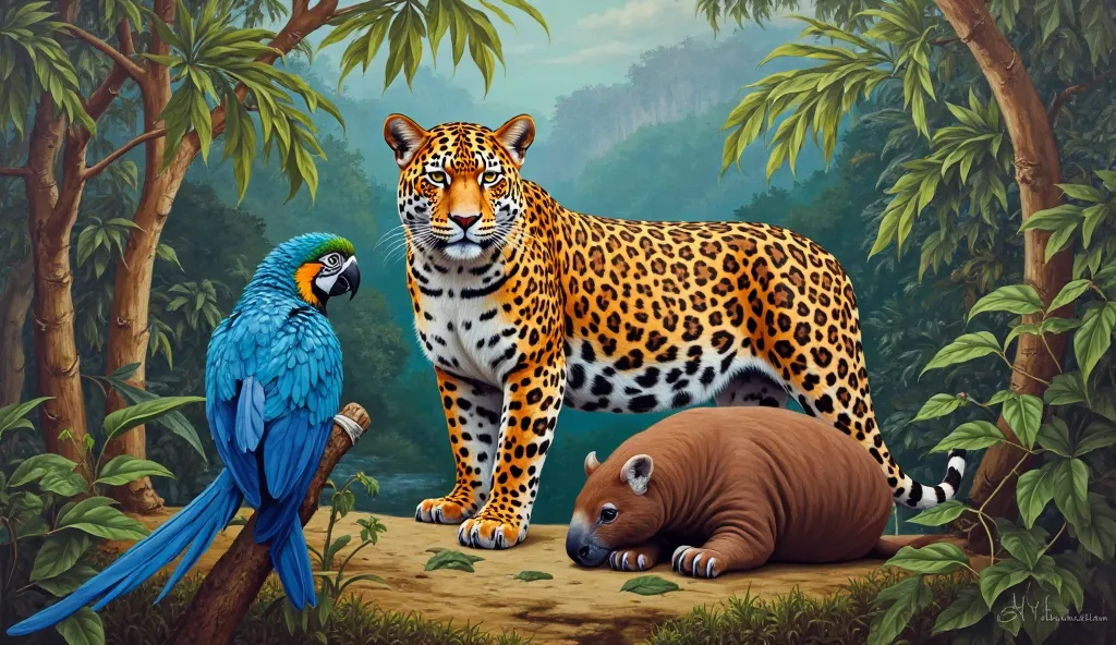 CREATE AN IMAGE WITH A PAINTED JAGUAR, A CAPYBARA AND A BLUE MACAW IN THE BACKGROUND OF NATURE