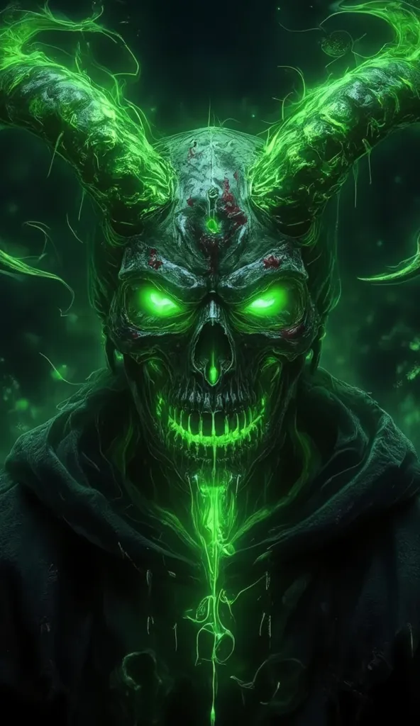 ((masterpiece)), ((Highest quality)), ((Highly detailed composition)), ((Highly detailed texture)), ((4K, 8k))devil skull god of death has long horns covered in blood wearing a hoodie, Enhance the image with a glowing green toxic venom effect. The liquid s...