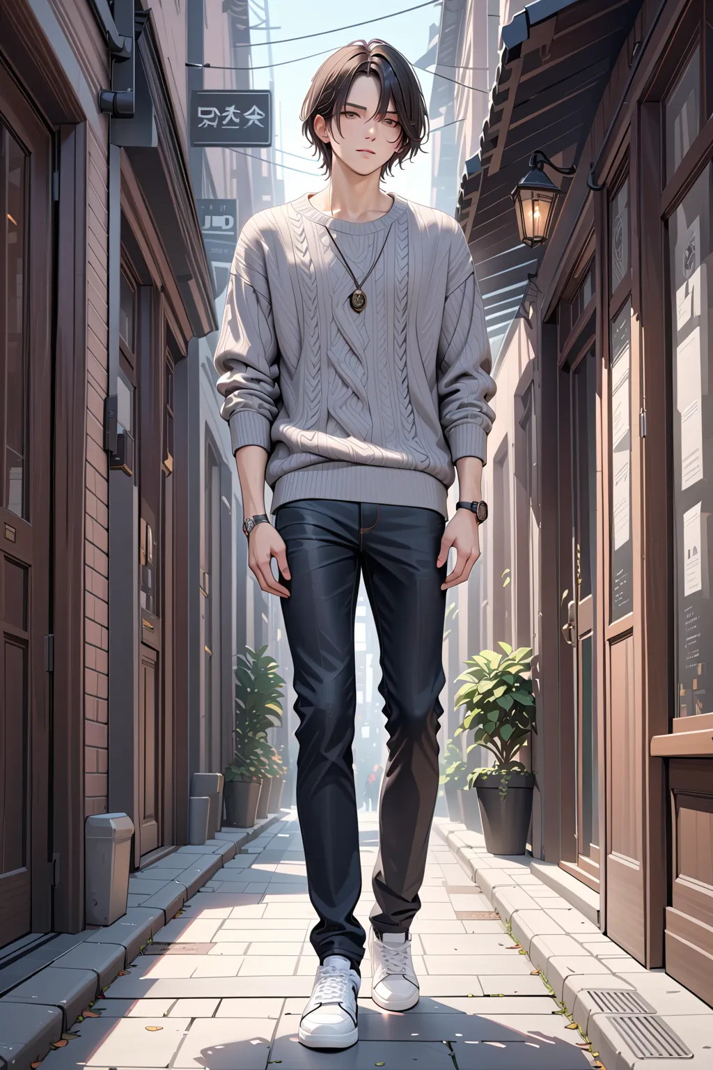 (masterpiece, best quality:1.5), (ultra detailed, high resolution, 8k, beautiful detailed, UHD, best anatomy), Dark brown Straight hair, 1 boy, Urban Casual Style, Gray knit sweater, Black denim, White sneakers, full body shot, accessory