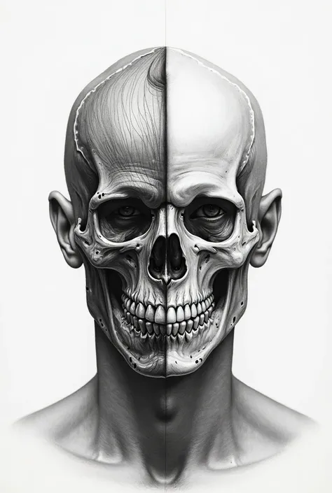 Pencil drawing of a man's face with half a skull and half a muscle