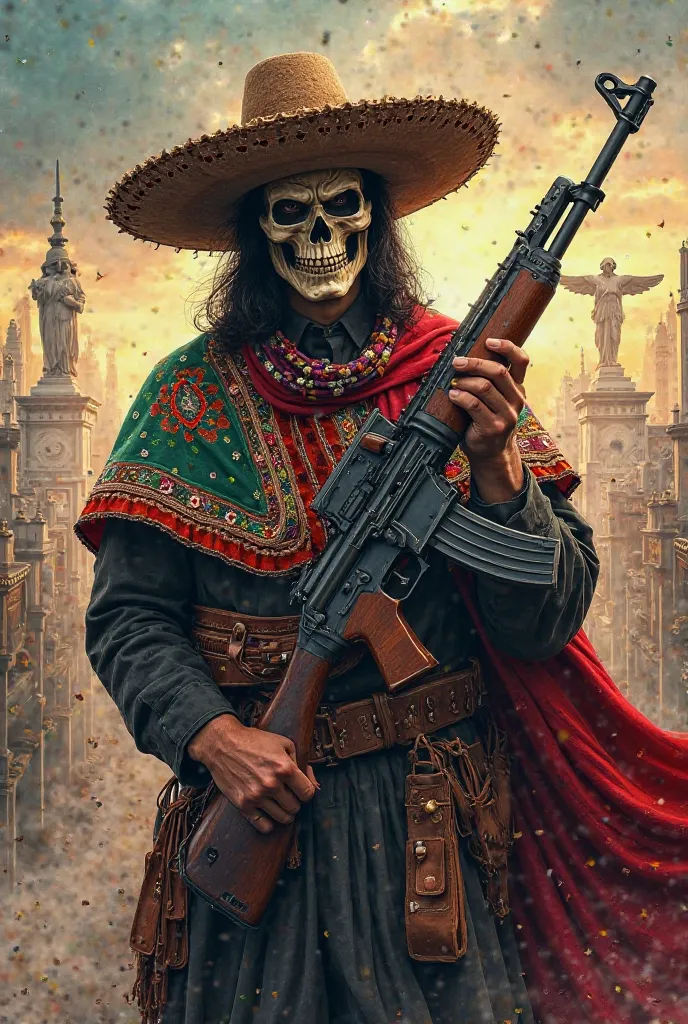 Man wearing a skull mask,  Mexican hat , wearing ponchos and Mexican clothes carrying an AK47 gun. In the background you can see the angel of independence in Mexico City and generate the image using an artistic style as if it were a cover of a heavy metal ...