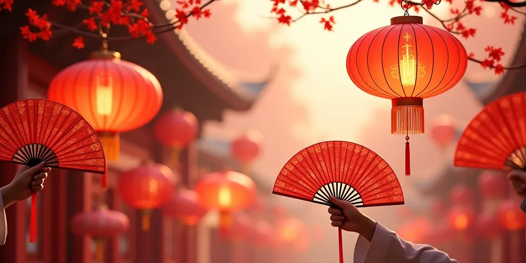 Red And White Chinese Lanterns Fans On A Background