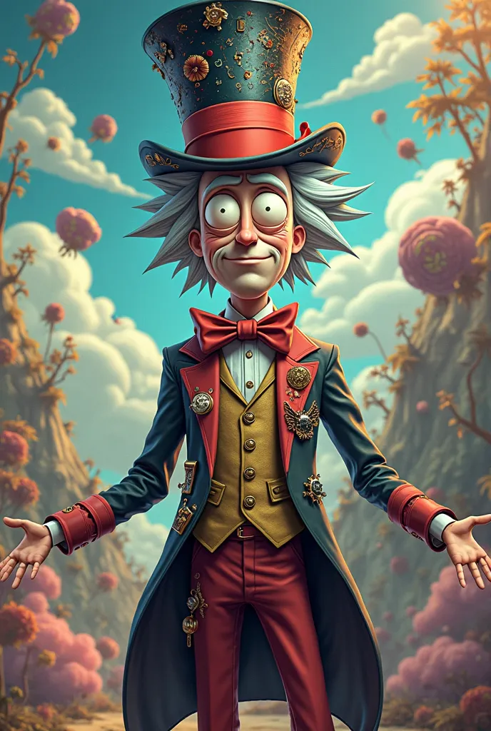 Create an image of Rick Sánchez dressed as the Mad Hatter