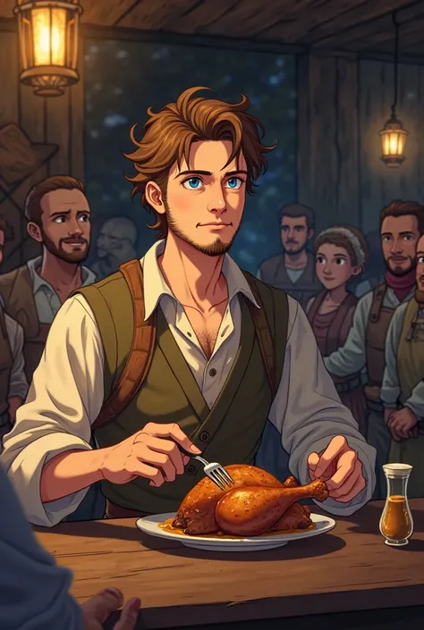 In the image it's night in a rustic tavern, and a group of peasants, A thin and friendly adult man stands out, With short brown hair and blue eyes and goatee, sitting and eating roasted chicken, Do you wear peasant clothing. anime style,  Shonen Jump-style...