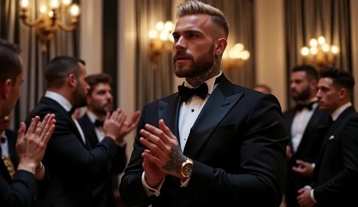  Matthew Noszka  ,  muscular,  very white skin , short blond hair cut low fade,  square-cut short beard , with blue and black tattoos all over the body up to the neck. wears an elegant black silk suit,In a luxurious party room black and white decoration th...