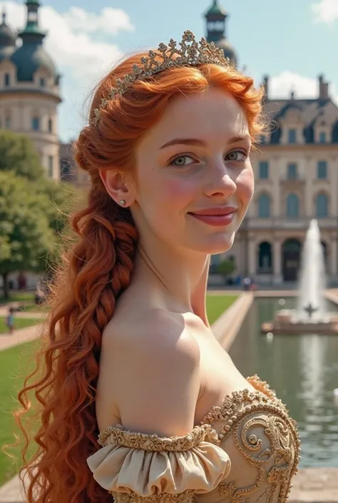 A red-haired girl with long curly hair done with a braid in the back. She with fair skin, ojos miel claros, Wearing a 17th century princess dress/18. In a glamorous garden with a fountain, in front of a large, white palace, She with a smile and a tiara. Sh...