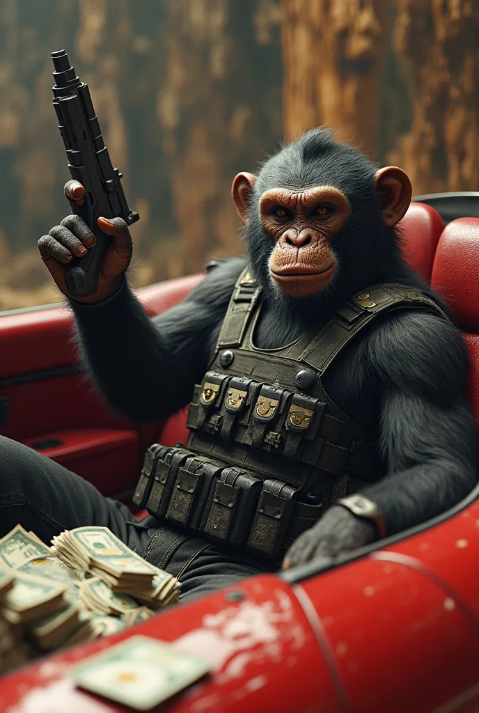 Monkey with two Glock 47s in a Ferrari full of banknotes