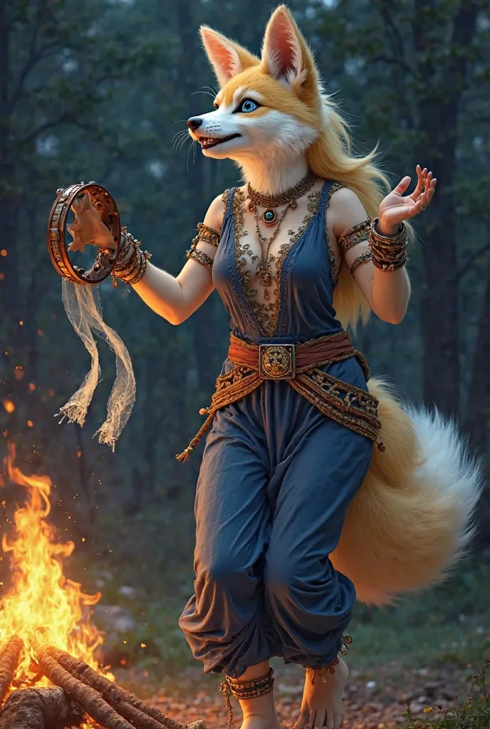 Create an image of an adult female kitsune, 30 years old, with golden fur and blue eyes, human face and body wearing a navy blue gypsy outfit. She wears many bracelets, rings, and anklets. She is joyfully playing a tambourine, with a silver transparent sca...