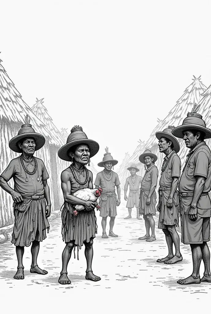  A group of indigenous people , with sad and exaggerated faces, is evicted from their huts by men in ridiculous uniforms and huge hats. One of the indigenous people carries a chicken under his arm, while another cries with giant tears. Simple drawing in wh...