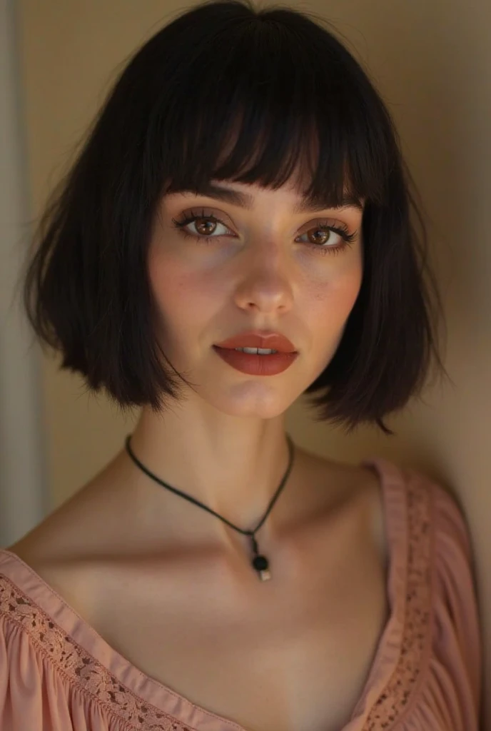 "Close-up portrait of Ágatha, a 20-year-old Brazilian woman with short, straight black hair styled simply and clean. She has warm brown eyes and fair skin with subtle Brazilian features. Ágatha is wearing a soft, pale pink gothic-inspired dress with delica...