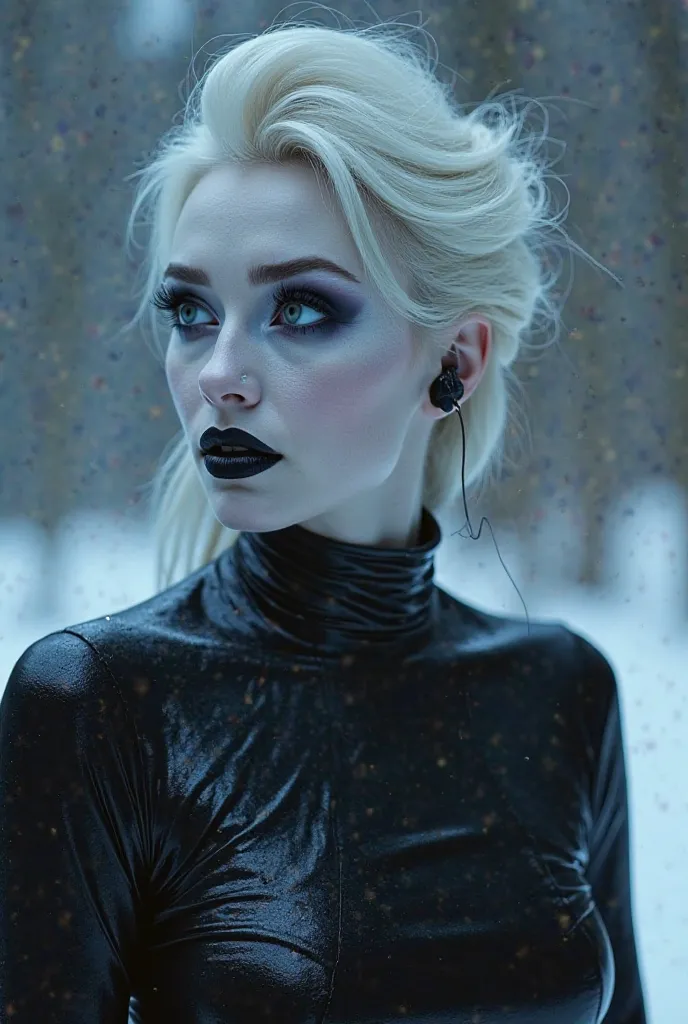 Elsa from Frozen with very strong makeup, goth makeup, extremely white skin wearing a black Latex bodysuit, iPod earbuds in-ears deep in her earcanals, visible cable, wird in-ear earbuds, music blasting deafening loud into her ear, blown eardrums, hearingl...