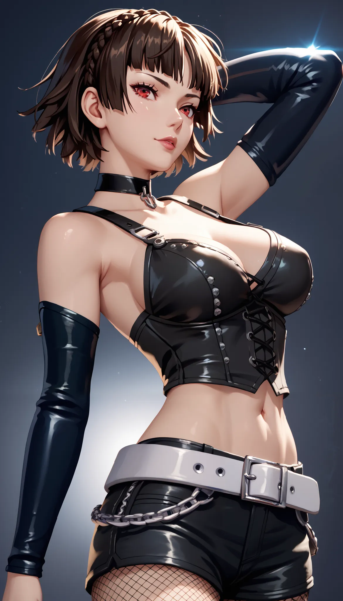 best quality, glossy, 4k, ((artwork)), highly detailed, 8k, Makoto niijima, black hair, short hair,red eyes, choker ,beautiful and sexy mature woman, black short top with unique strap details on the sleeves, high-waisted black shorts that add a rebellious ...