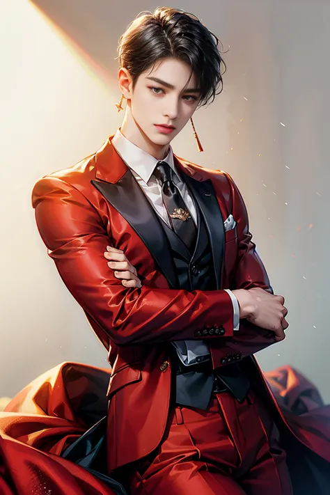 HD quality,  High definition , male is 18 years old, handsome and slim,   earrings, Wear a bracelet and , charming,  suit을 입은,tie, suit, Korean boy ,The eyes are incredibly big,The eyes are really big,Slim face ,Very very big eyes,small eyes,sharp eyes,bit...