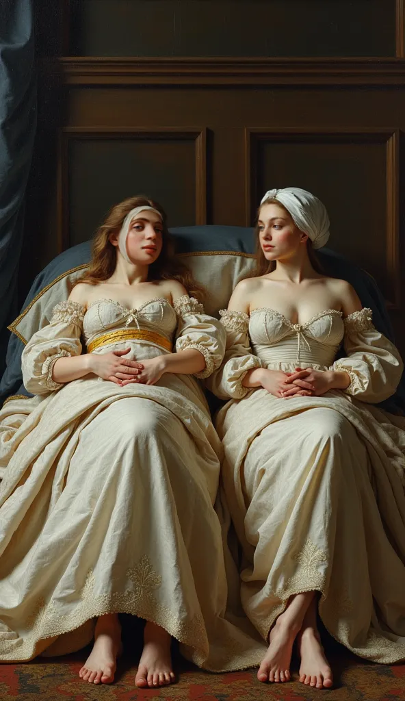 A classic European painting depicting a noble room from the 18th century. Two light-skinned female figures, with delicate features and soft expressions, are lying side by side in a large luxurious bed. They are covered up to the waist by a thick and ornate...