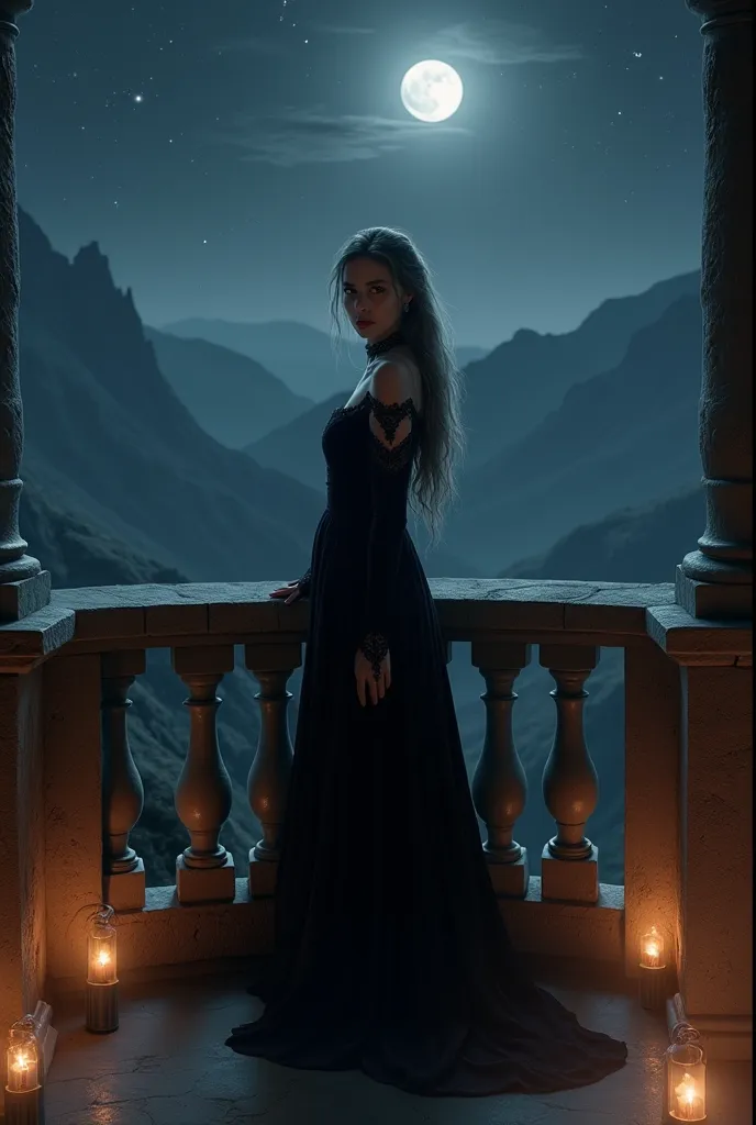 create Charlotte Hope in Game of Thrones on a balcony at night wearing a black dress, She is a witch and has black eyes 