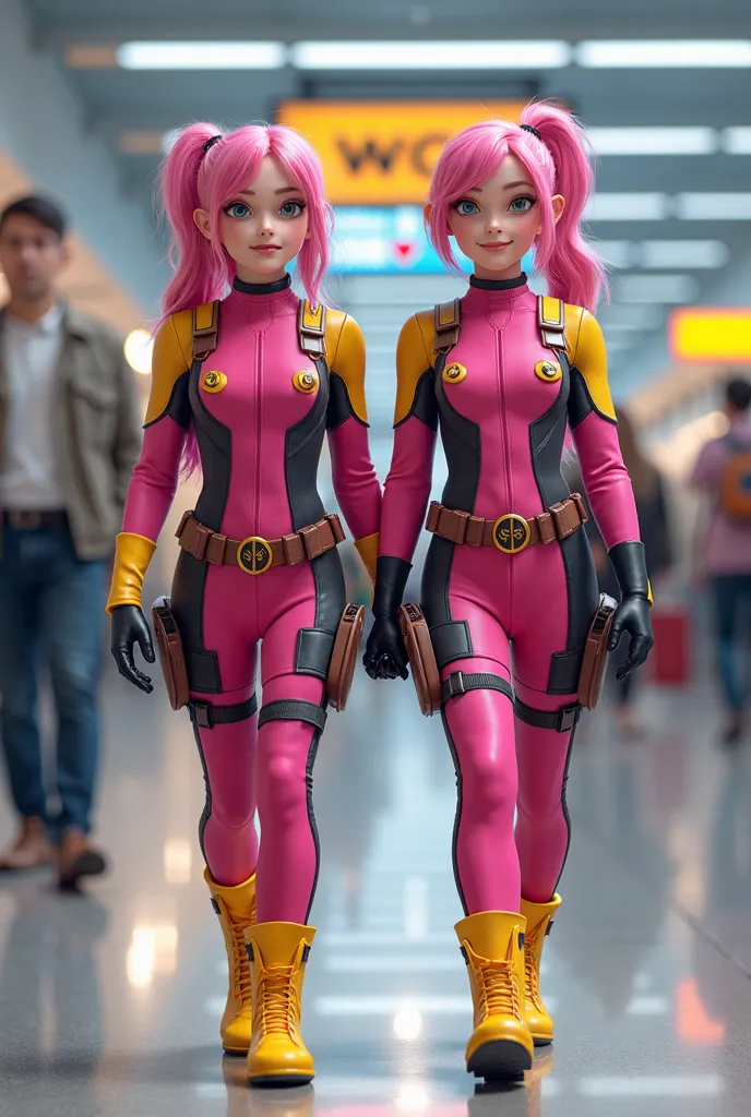 A handsome 15-year-old boy ,pink hair ,wearing a pink deadpool costume with a yellow combination with a beautiful  girl,Long haired pink high ponytail style,wearing a pink deadpool costume yellow color combination,  is walking along , smiley face expressio...