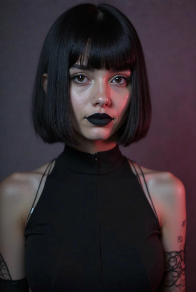 Close-up portrait of Ágatha, a 20-year-old Brazilian woman with short, straight black hair styled simply and clean. She has warm brown eyes and fair skin with subtle Brazilian features. Ágatha is wearing a sleek black gothic-inspired dress with a clean, mi...