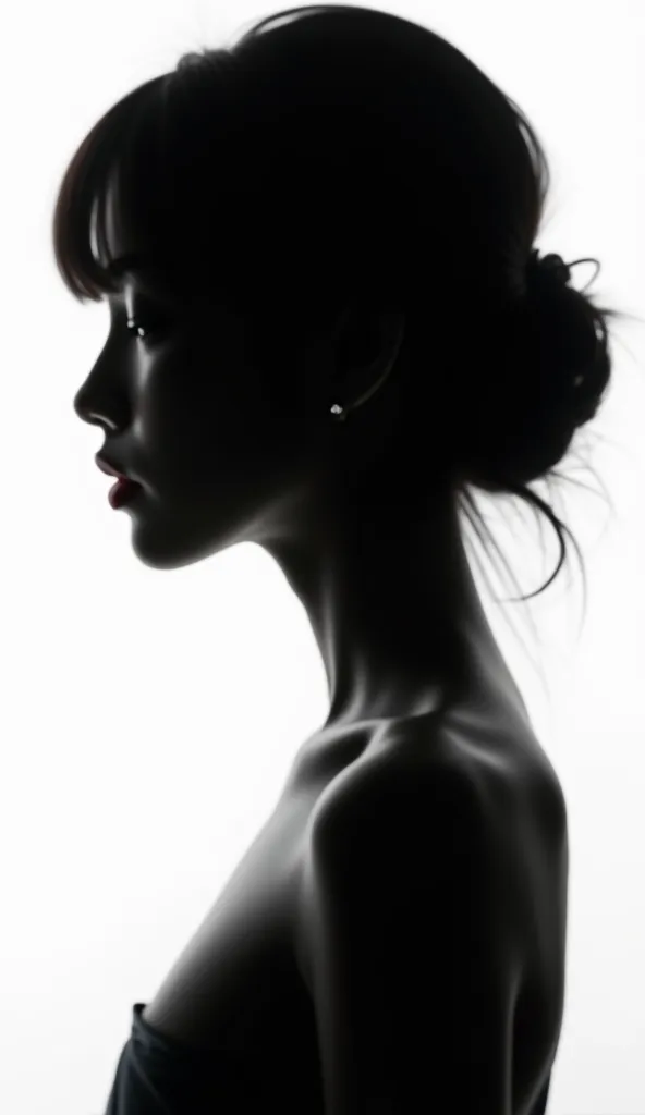 Silhouette of a Korean girl with fringes on a white background without showing her face, just the silhouette in a mysterious and detailed way. 