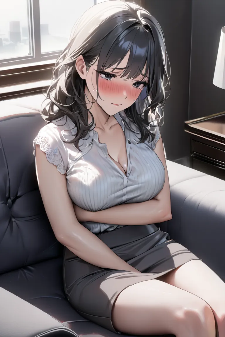 top quality, masterpiece, Hi-Res, 8k, (1 girl), Alone, sexy, (bust shot), Married Woman in Casual Clothes), Black wavy hair, Mature Woman, (((sad expression))), living room, (((Cry, reflect, and apologize))), (((lie down and hug yourself))), Beautiful brea...