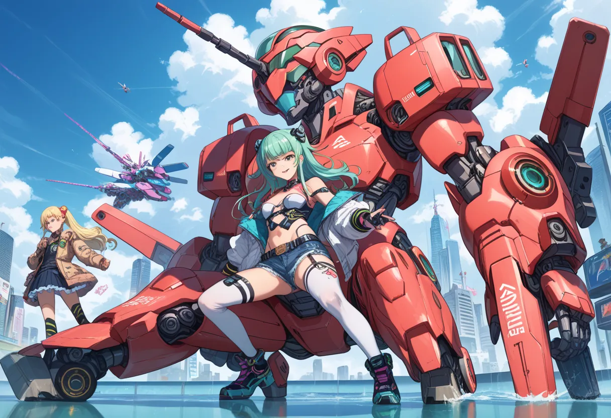 Anime girl sitting on a giant robot in a futuristic setting, Cyberpunk art by Shinotao , pixiv contest winner,  self destructive art,   Macross Delta Splash Art  ,  Mechanized Valkyrie Girl,  Macross Frontier splash art, Masamune Shirow,  high definition o...