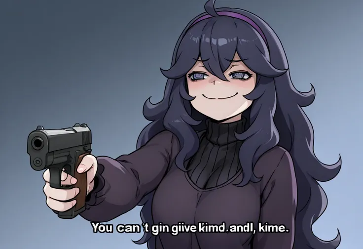 (masterpiece, high quality, amazing detail), highres, you can just give this kind of thing to men and they will be thrilled (meme), 1girl, Hex Maniac, smug, holding, gun, pistol 