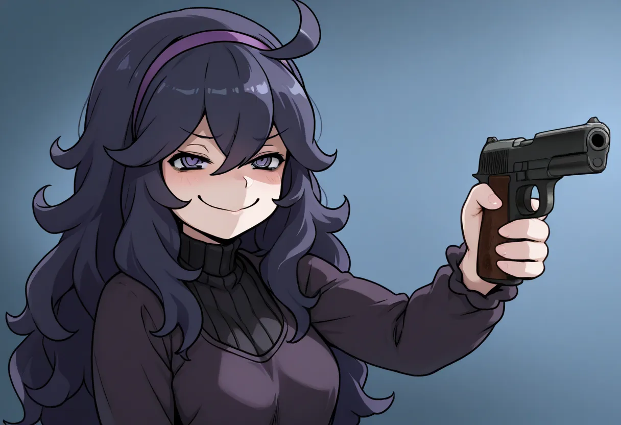 (masterpiece, high quality, amazing detail), highres, you can just give this kind of thing to men and they will be thrilled (meme), 1girl, Hex Maniac, smug, holding, gun, pistol 