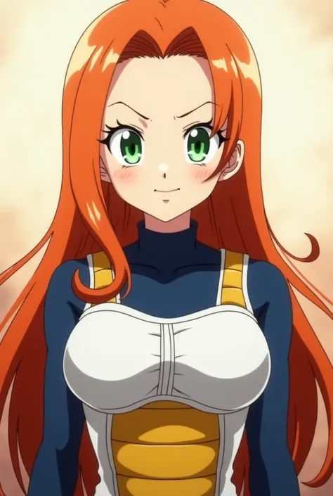 Screenshot Dragon ball z. 20 year old girl with long straight orange hair, Green eyes with long eyelashes, smiling confidently. front view, full body view. high definition. anime style. Dragon Ball Z style animation. 