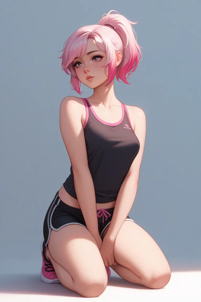 1 girl, short pale pink ponytail hair, dark pink highlights, small breasts, kneeling, top dawn, pink string tank top, black sports shorts, leags apart