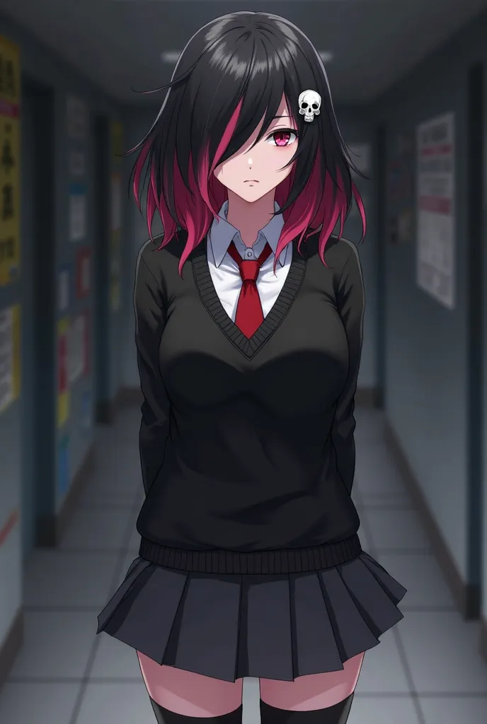 Serious-looking anime. 

An attractive young woman who APPEARS TO BE EMO, of black hair with the tips of her hair dyed pink with half a face covered with her hair and a skull brooch in her red hair and eyes, pole, and dominant wearing a school uniform a da...