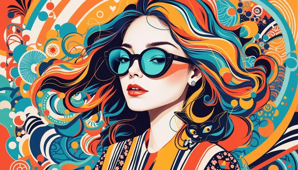 A woman in a vibrant and psychedelic setting of the 70s, with bright colors and geometric shapes. She is affectionately embracing a stylized black cat, With big amber eyes, in an environment with abstract and floral patterns in the colors amber and teal.  ...