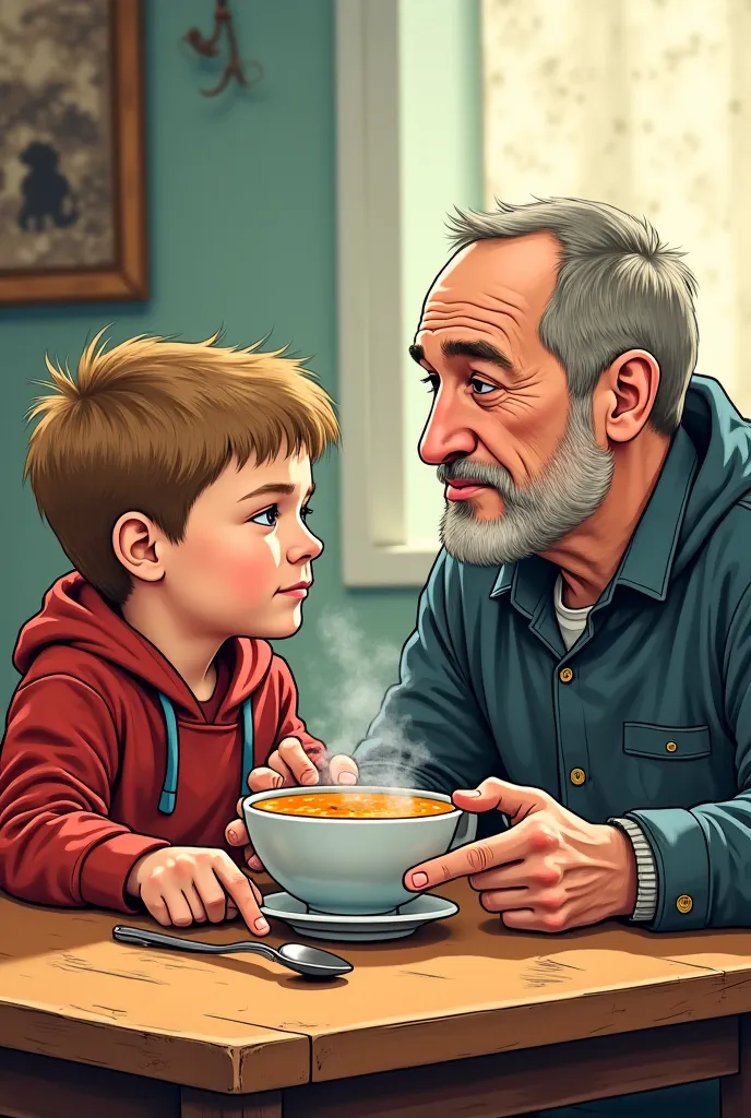 In the second frame, a boy and a Russian man of about 35-40 years old are sitting at a table eating soup. Comics style 