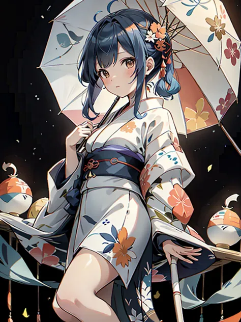 background:round and square、Greatest Masterpiece、 kimono、A geometric pattern combining blue and orange、Seven hair colors、Japanese Umbrella幾何学的模様、 kimonoを着た女性、Seven hair colors、Japanese Umbrella、indigo and orange color palettes、Precision、 multi-dimensional ...