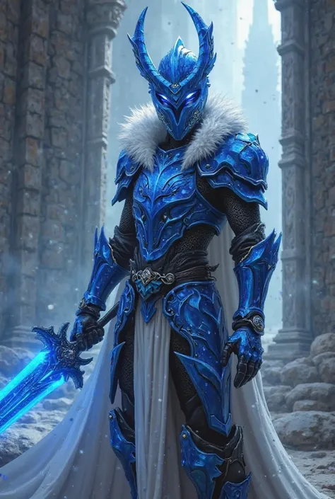 Create Yu-Gi-Oh  & Solo Leveling a stylish knight with a magical white cape with shapely legs wearing large shimmering blue magic armor with black details with a stylish sparkling blue helmet covering his entire face with black details holding a large styl...