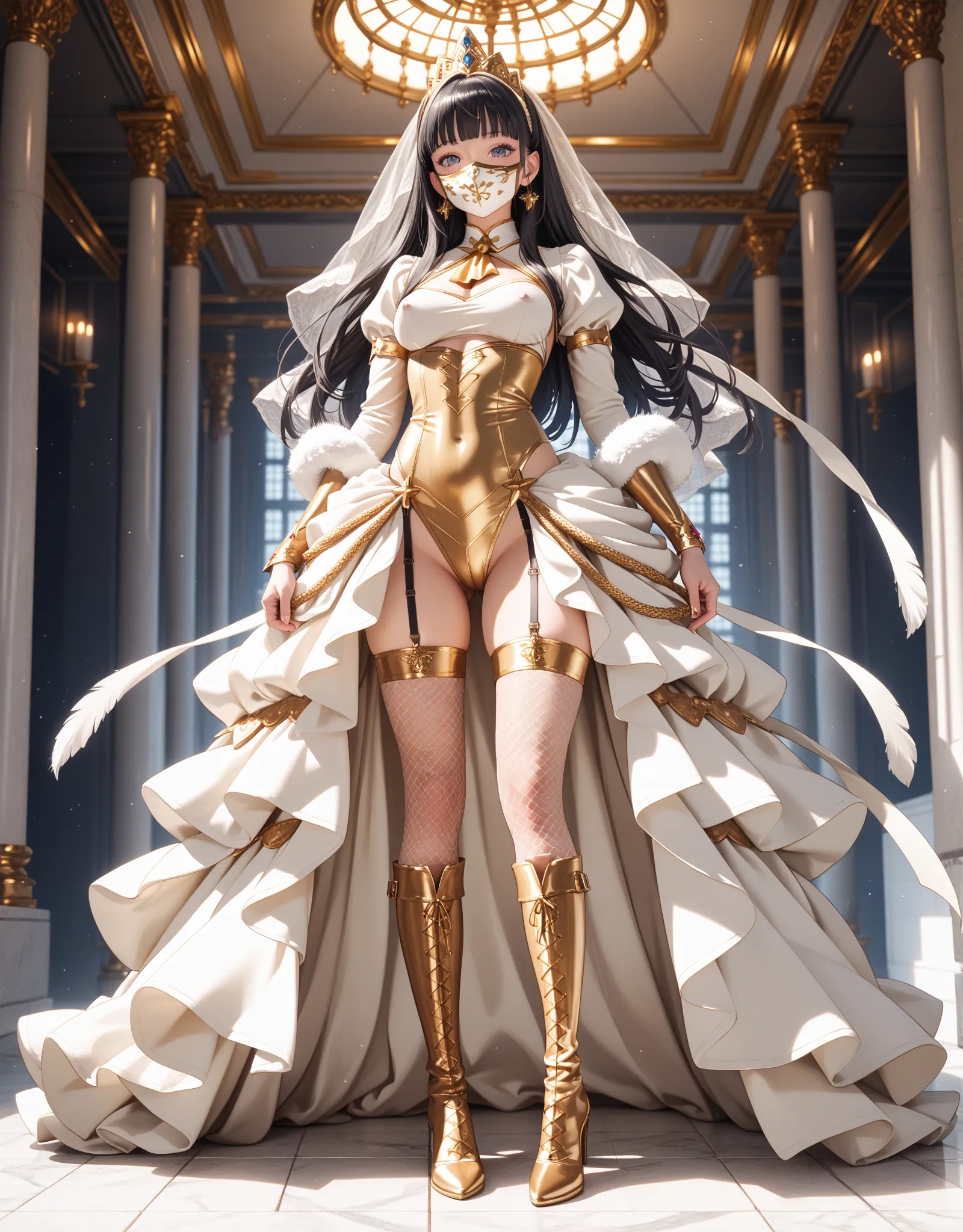 High quality, Ultra detailed, best quality, insanely detailed, beautiful, masterpiece,4K,8k,photorealistic, wearing a stylishly decorated silver mask,Hi-Res, Soft light,1 Female, (detailed face), jewelry, ゴールドウェディング dress,princess,Princess,princess,shiny g...