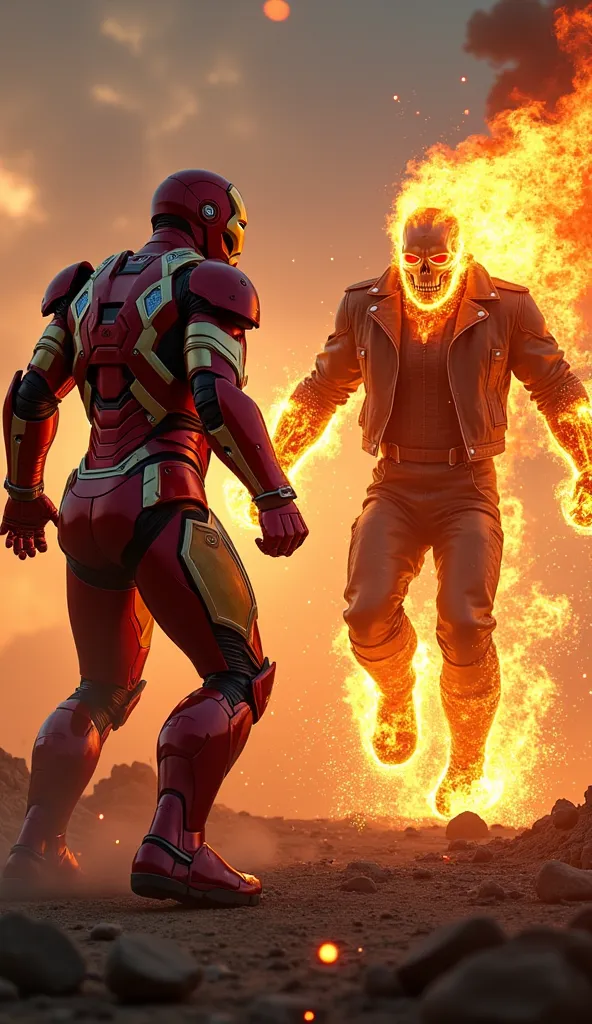 "Iron Man (Tony Stark) faces off against Ghost Rider (Johnny Blaze) in a breathtaking, intense battle in a desolate, fiery wasteland. Iron Man’s advanced, battle-worn armor gleams with red and gold under the glow of raging flames, energy pulsating from his...