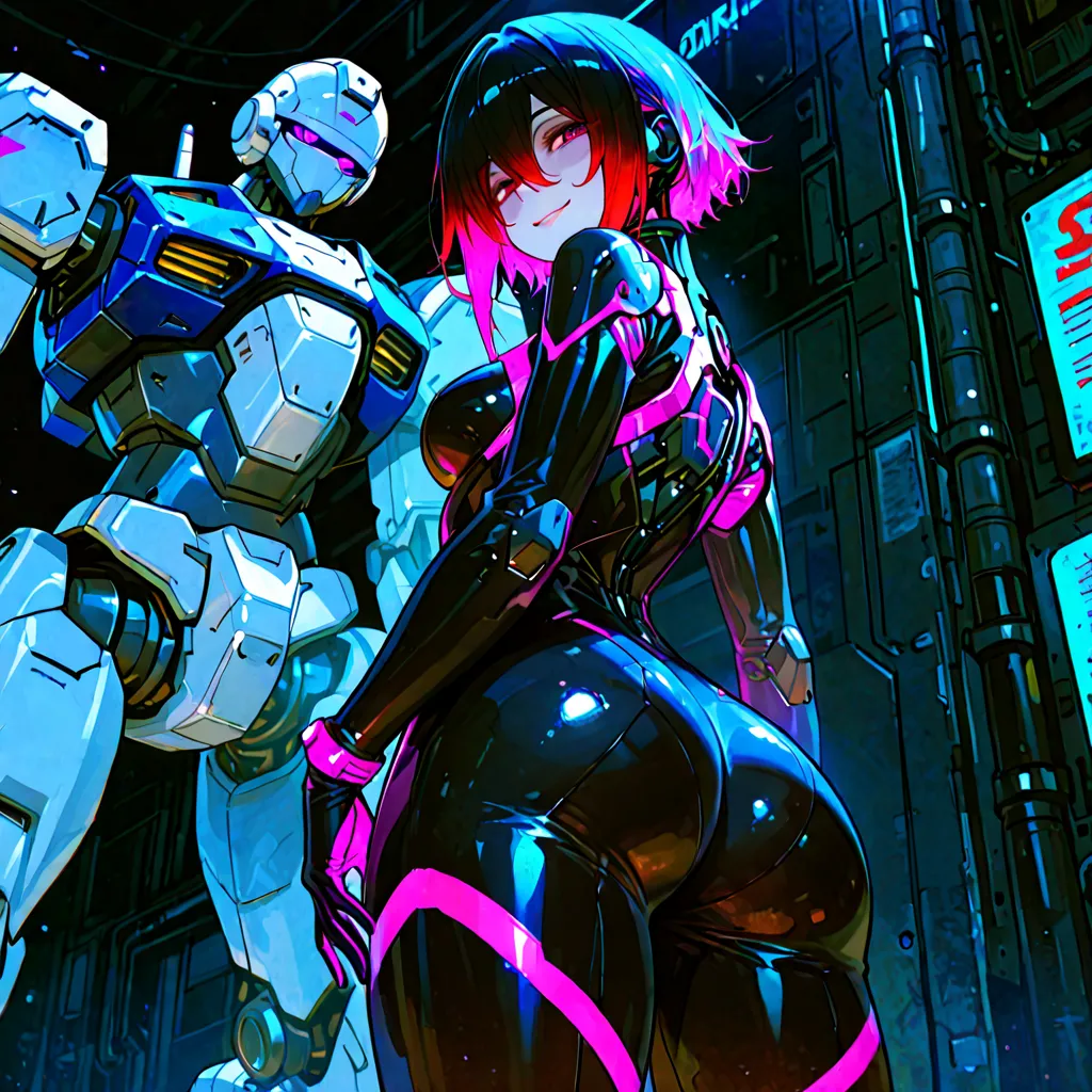 masterpiece, best quality, very aesthetic, highres, absurdres,score_9, score_8_up, score_7_up,high quality,very disheveled hair,vidid colors,mecha pilot suit,ass,neon,shining eyes,shiny eyes,bi color hair,smile,from below,dark colors,android,random colors,...