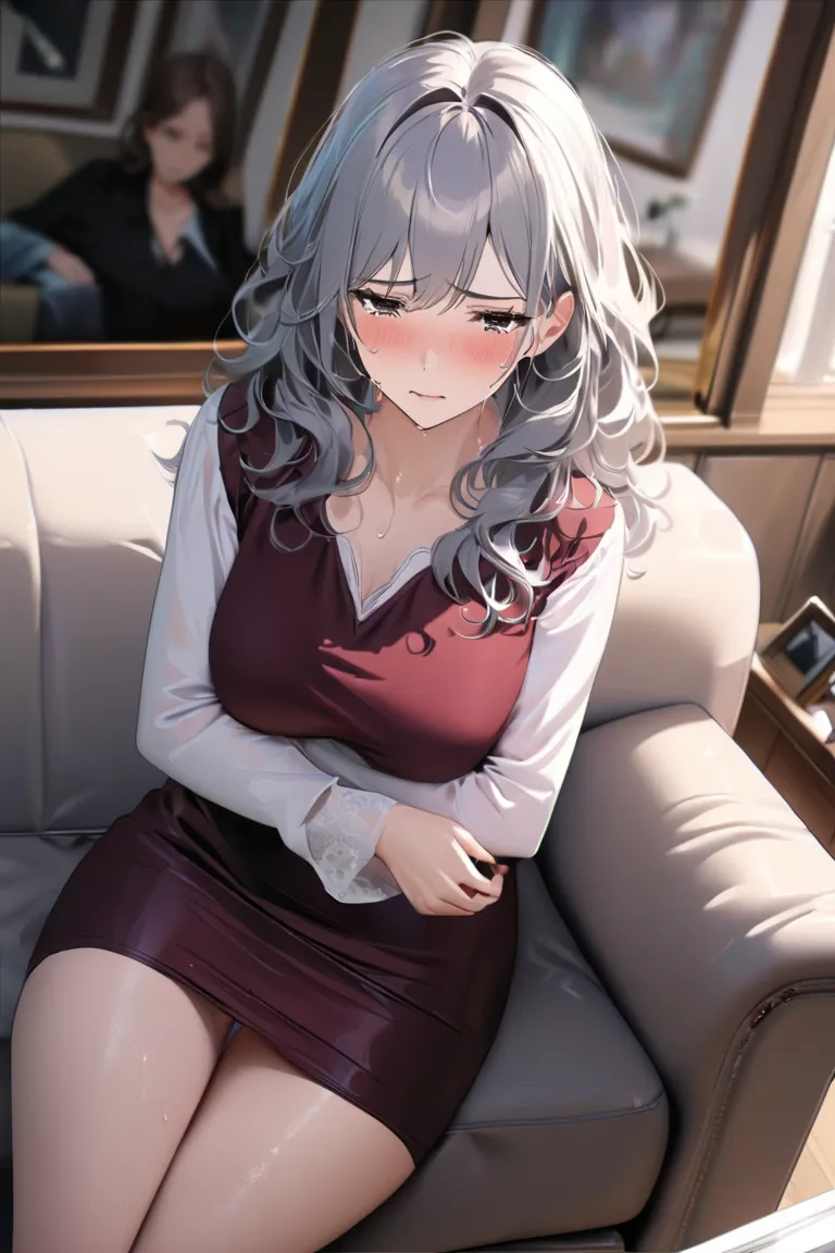 top quality, masterpiece, Hi-Res, 8k, (1 girl), Alone, sexy, (bust shot), Married Woman in Casual Clothes), Black wavy hair, Mature Woman, (((sad expression))), living room, (((A married woman who cries, reflects, and says words of apology))), (((lie down ...