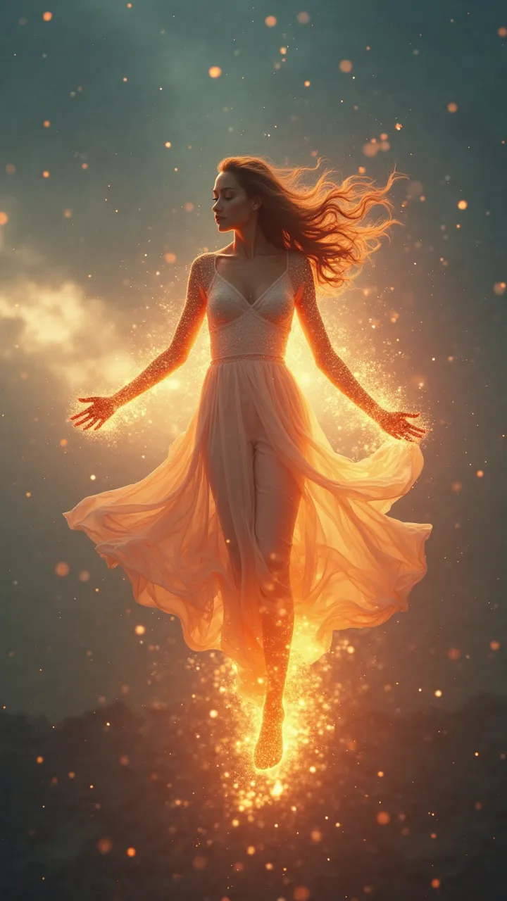 a woman floating with energy eradiating through her body from feet to the sky, detailed portrait, photorealistic, hyper-realistic, cinematic lighting, volumetric atmosphere, ethereal, glowing energy emanating from body, energy sparking from fingertips, mys...