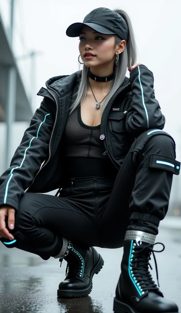 A striking fusion of futurism and monochrome minimalism featuring a 20-year-old cute Japanese model with an hourglass figure, a very slender waist, and a tiny head with long gray hair and large blue eyes. She wears a black cropped tactical jacket with silv...