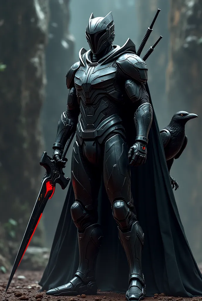 black,dressed in technological knight armor,superhero holding a black sword with a red pattern in his hand and a mechanical crow next to him