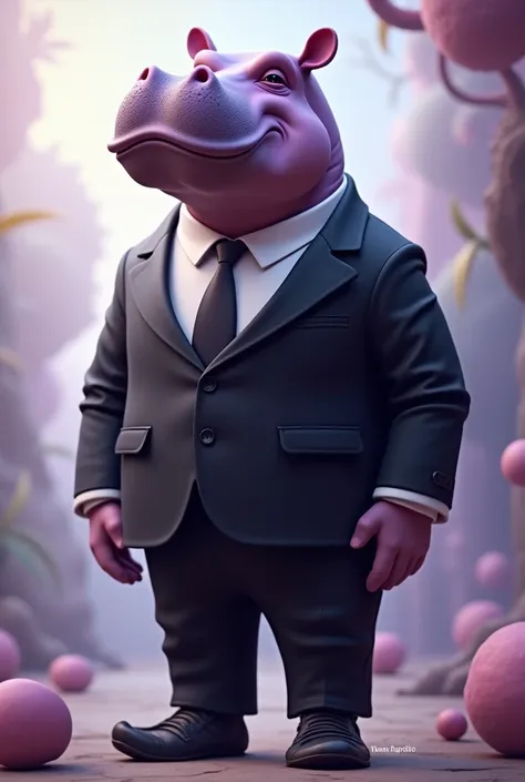 Create an image with the purple hippopotamus standing on two legs with a black suit and a slipper on the foot